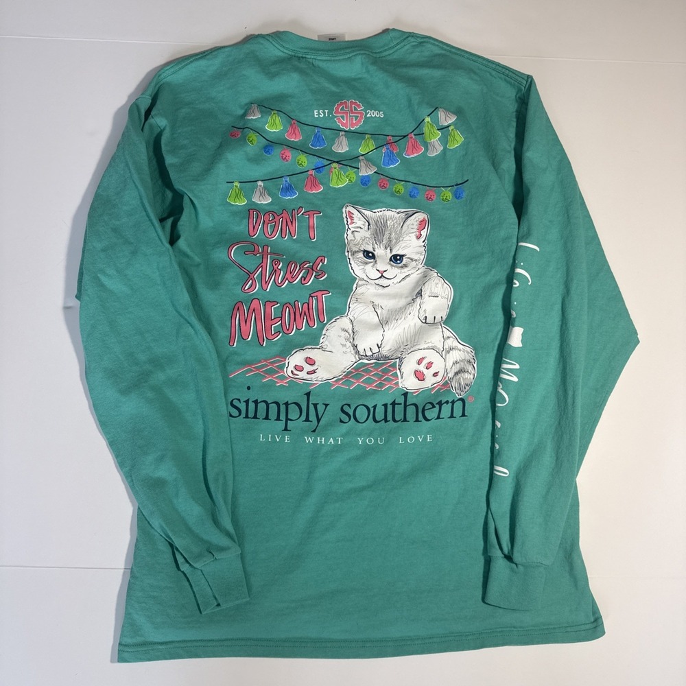 Simply Southern " Don't Stress Me Owt" Kitten Themed Long Sleeve T-Shirt- Size-L